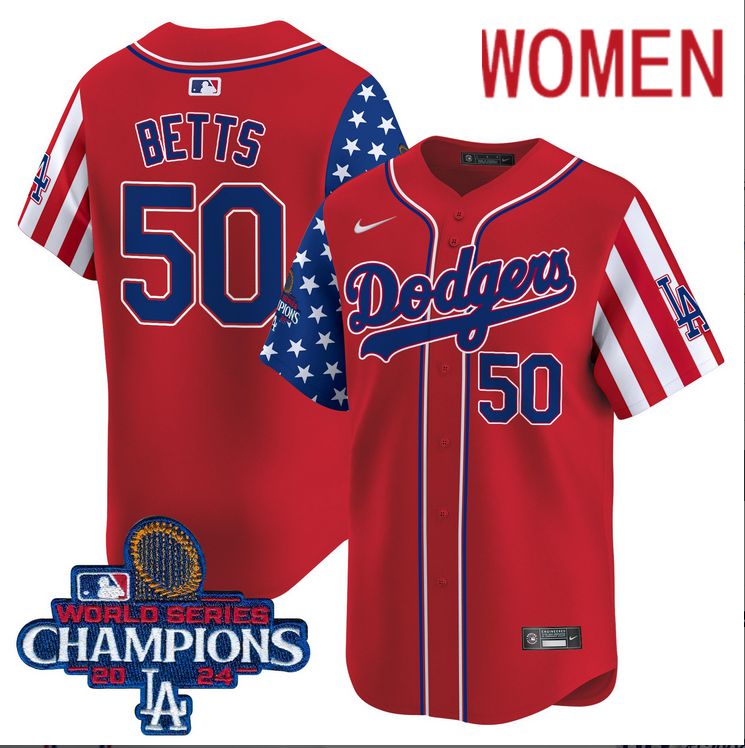 Women MLB Los Angeles Dodgers #50 Betts American Style red 2024 World Series Champions  Limited Jersey->women mlb jersey->Women Jersey